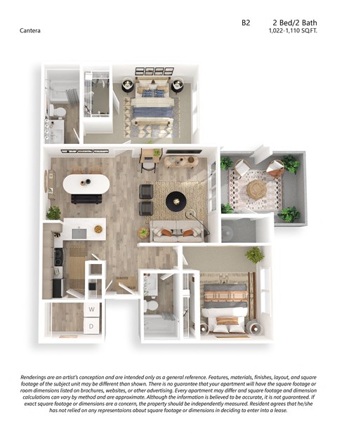 Floor plan for 2 beds, 2 baths, 1030 sqft